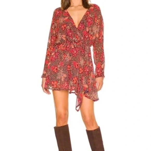 Free People Teegan Mini Dress in Peach Combo Long Sleeve Surplice Neck Sz Medium - Picture 15 of 15